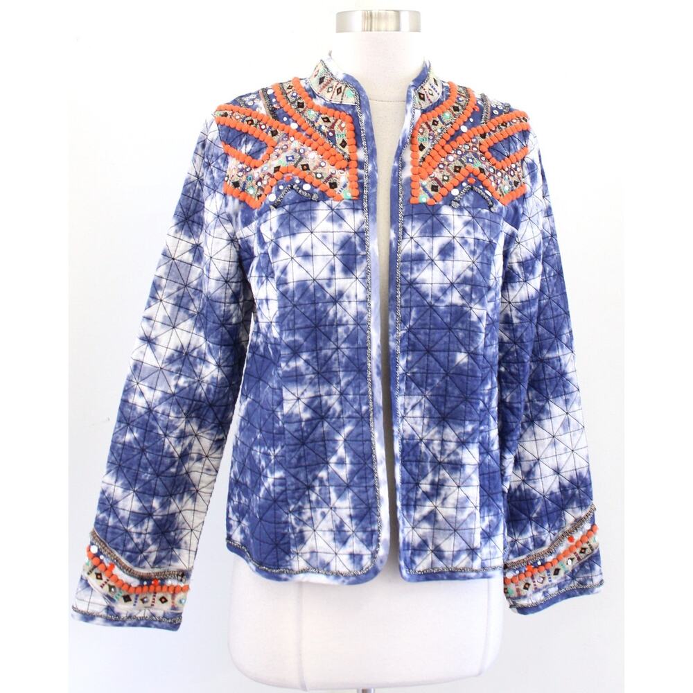 Chicos Blue Tie Dye Quilted Embellished Pompom Embroidered Jacket Size 0 Boho